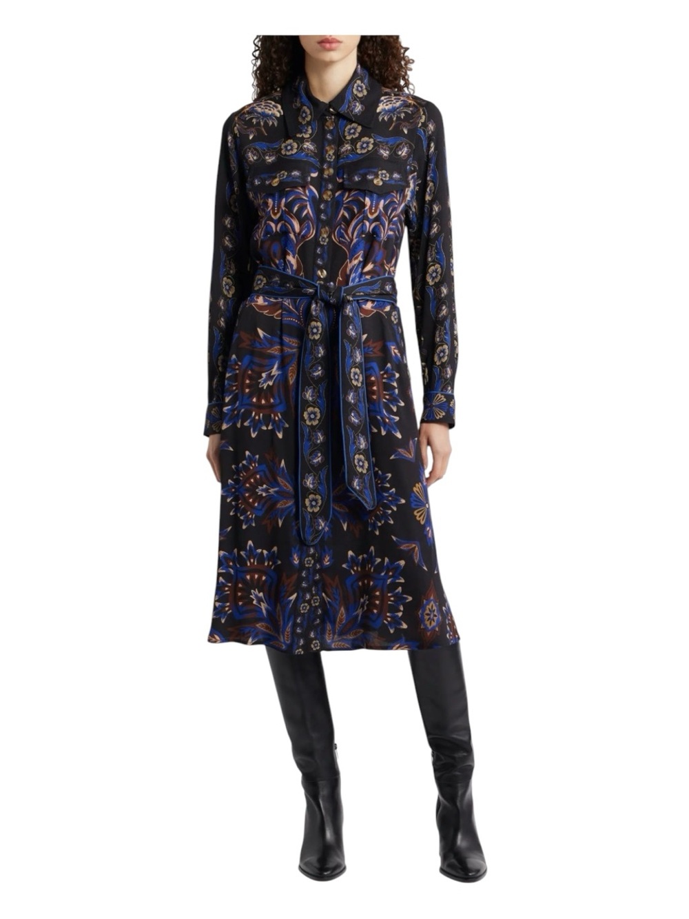 FARM RIO Arabesque Mix Scarves Black Midi Dress